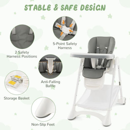 Baby High Chair with Detachable PU Cushion and Lockable Wheels-Grey