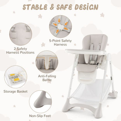 Baby High Chair with Detachable PU Cushion and Lockable Wheels-Beige
