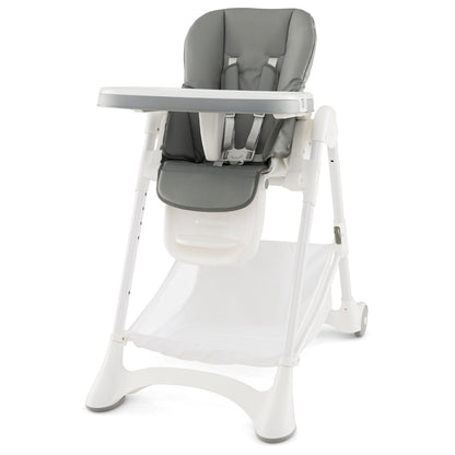 Baby High Chair with Detachable PU Cushion and Lockable Wheels-Grey