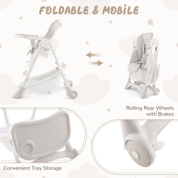Baby High Chair with Detachable PU Cushion and Lockable Wheels-Beige
