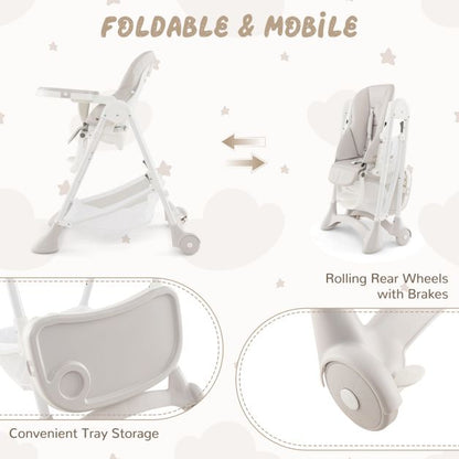 Baby High Chair with Detachable PU Cushion and Lockable Wheels-Beige