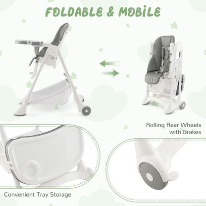 Baby High Chair with Detachable PU Cushion and Lockable Wheels-Grey