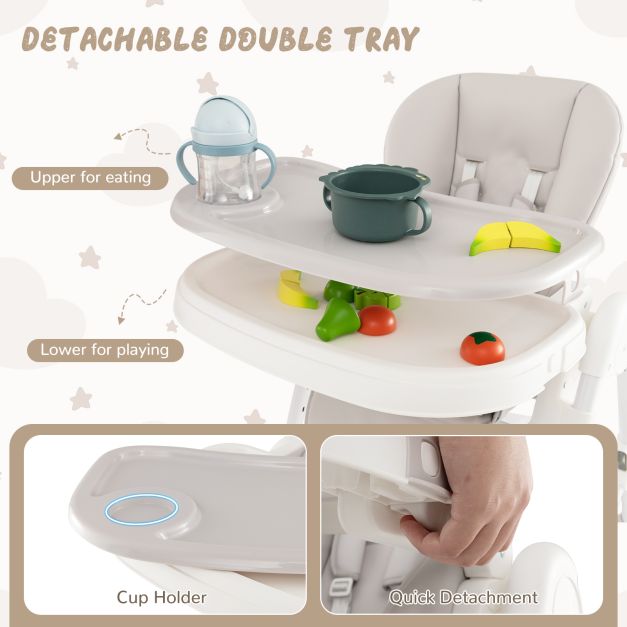 Baby High Chair with Detachable PU Cushion and Lockable Wheels-Beige