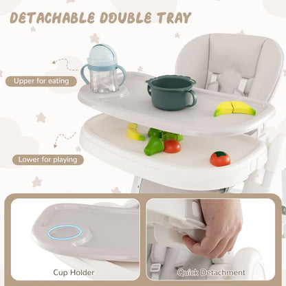 Baby High Chair with Detachable PU Cushion and Lockable Wheels-Beige