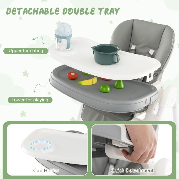 Baby High Chair with Detachable PU Cushion and Lockable Wheels-Grey