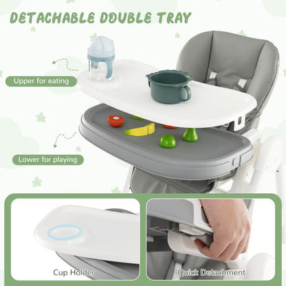 Baby High Chair with Detachable PU Cushion and Lockable Wheels-Grey