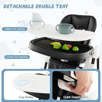 Baby High Chair with Detachable PU Cushion and Lockable Wheels-Black