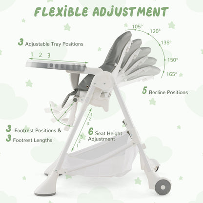 Baby High Chair with Detachable PU Cushion and Lockable Wheels-Grey