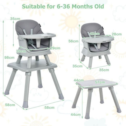 6-in-1 Baby High Chair with 5-Point Harness and Removable Tray-Gray