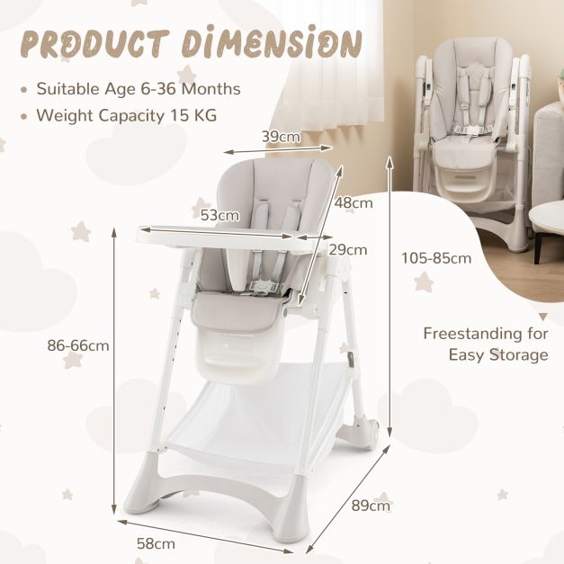 Baby High Chair with Detachable PU Cushion and Lockable Wheels-Beige