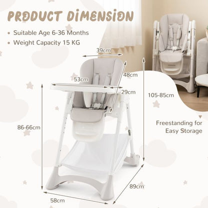Baby High Chair with Detachable PU Cushion and Lockable Wheels-Beige