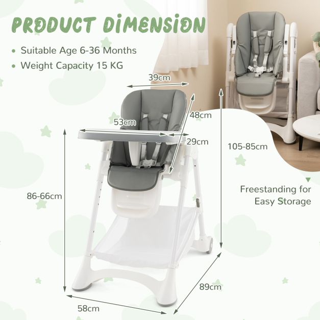 Baby High Chair with Detachable PU Cushion and Lockable Wheels-Grey