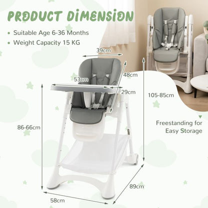 Baby High Chair with Detachable PU Cushion and Lockable Wheels-Grey