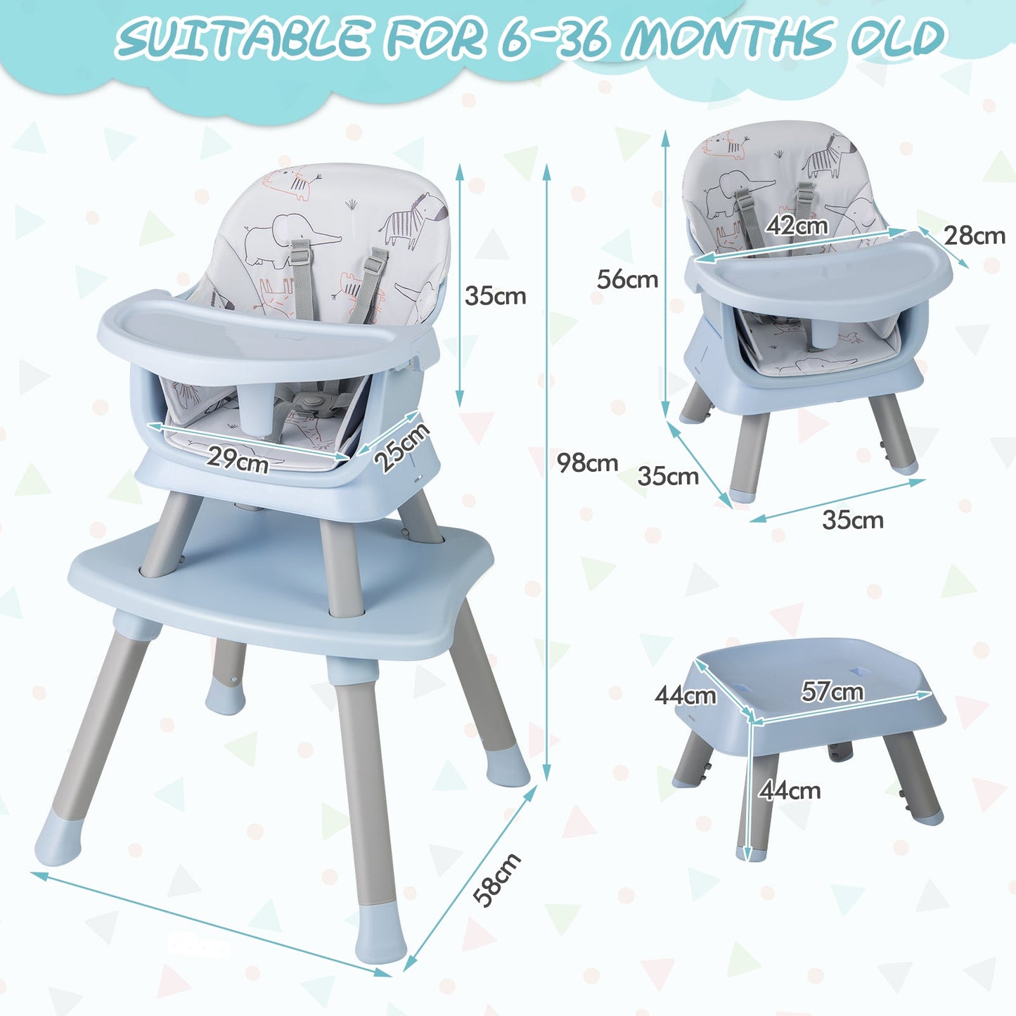 6-in-1 Baby High Chair with 5-Point Harness and Removable Tray-Blue