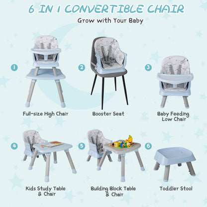 6-in-1 Baby High Chair with 5-Point Harness and Removable Tray-Blue