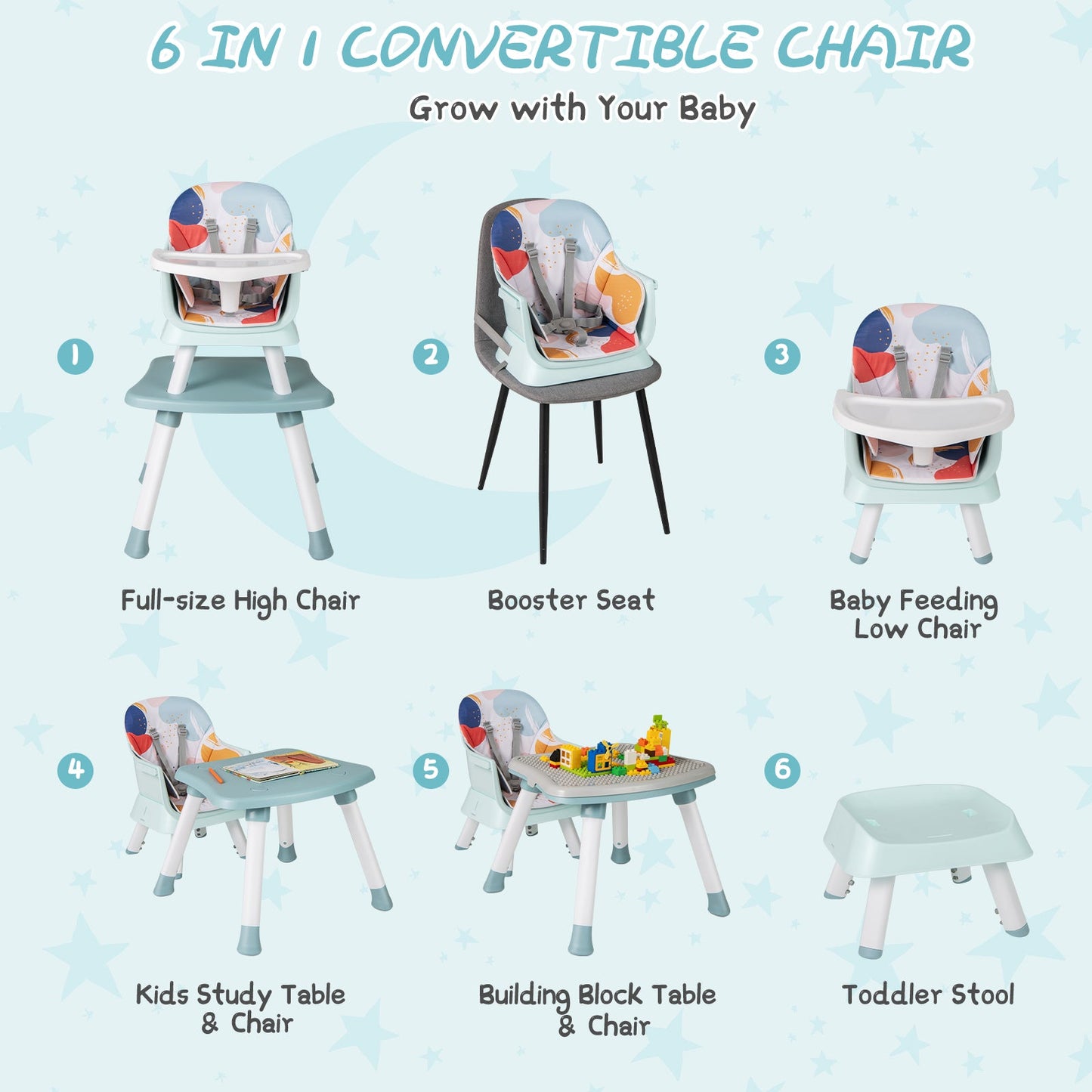 6-in-1 Baby High Chair with 5-Point Harness and Removable Tray-Colourful