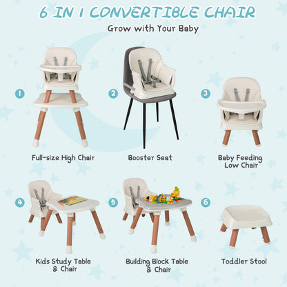 6-in-1 Baby High Chair with 5-Point Harness and Removable Tray-Natural