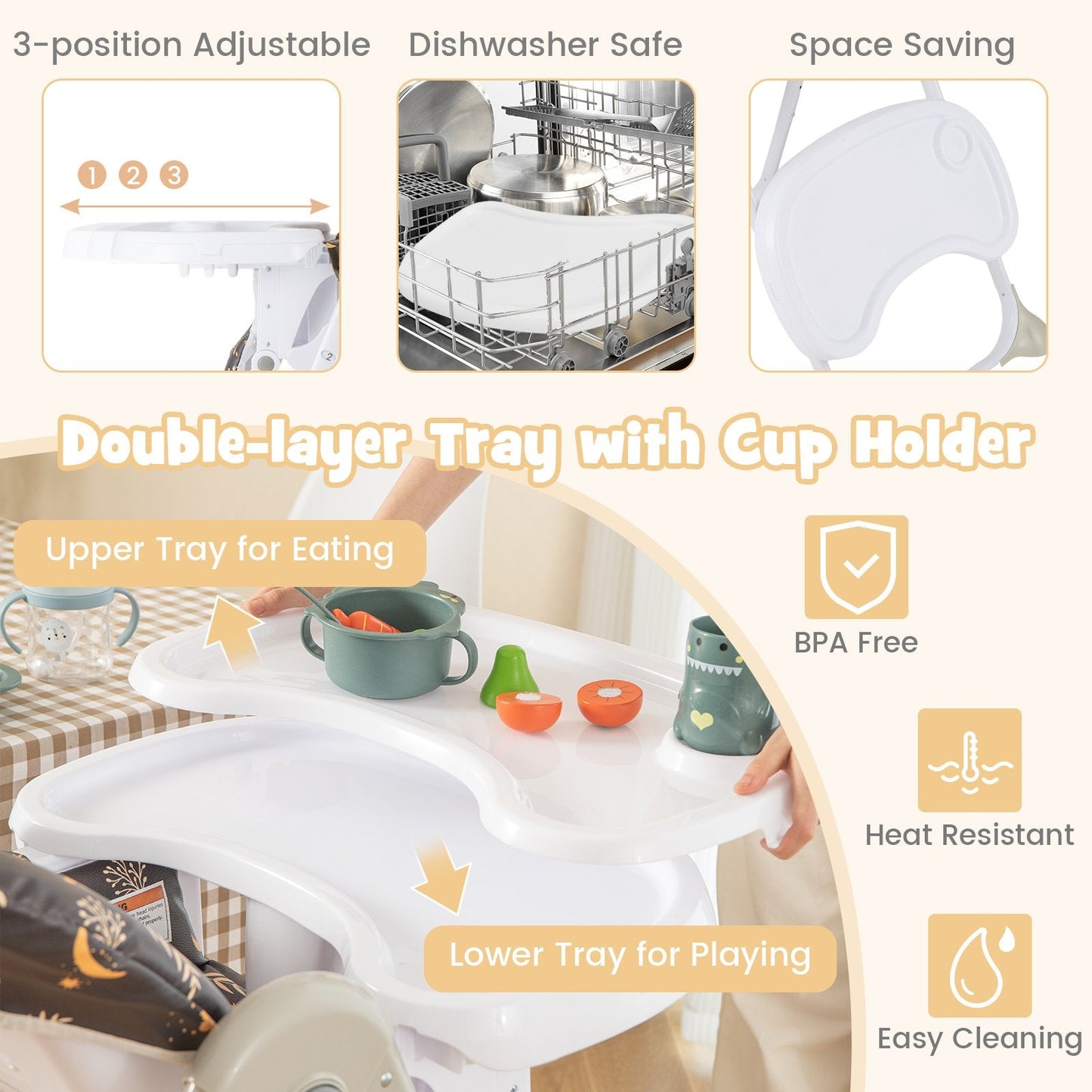 Baby Highchair with Removable Tray for 6-36 Months-Dark Brown