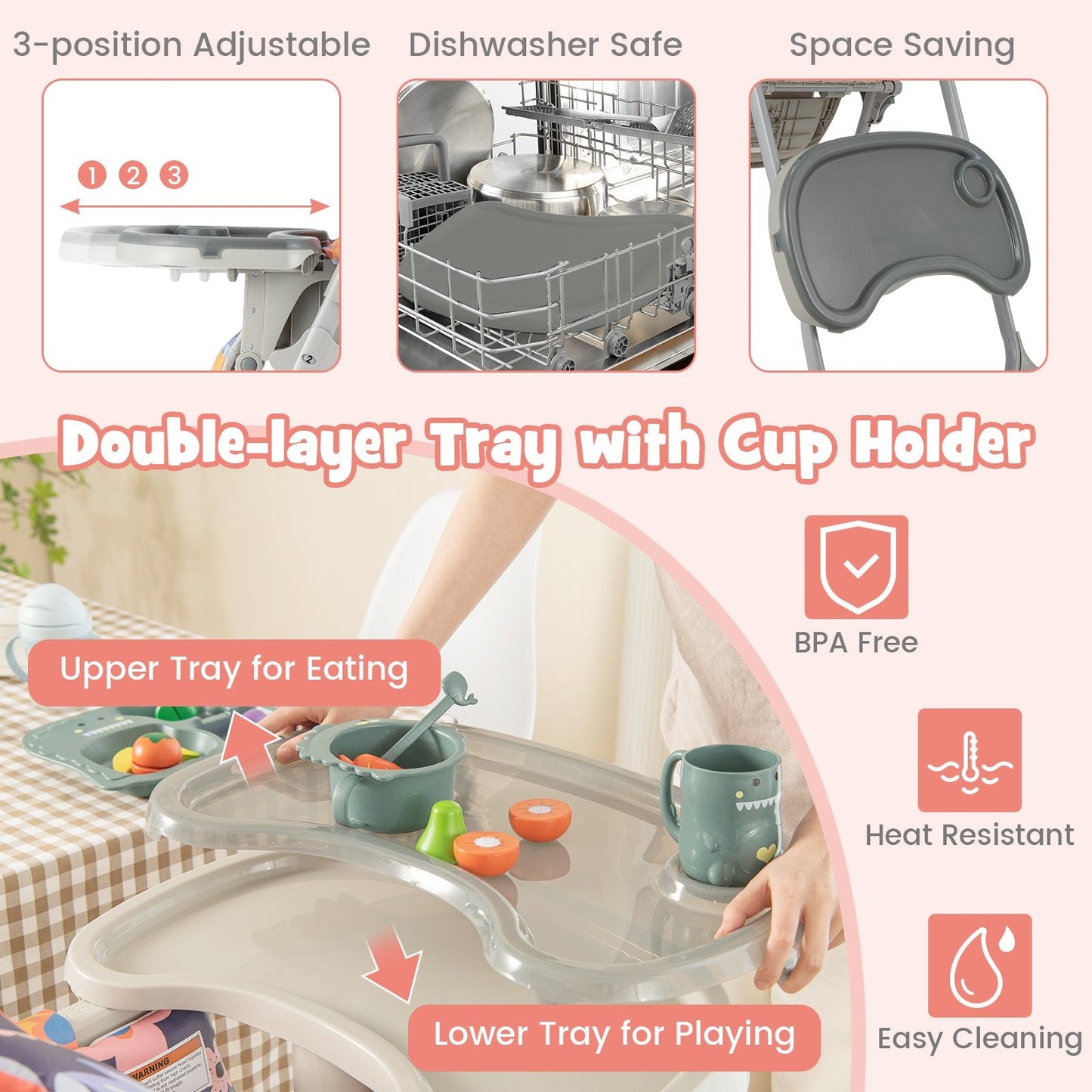 Baby Highchair with Removable Tray for 6-36 Months-Multicolor