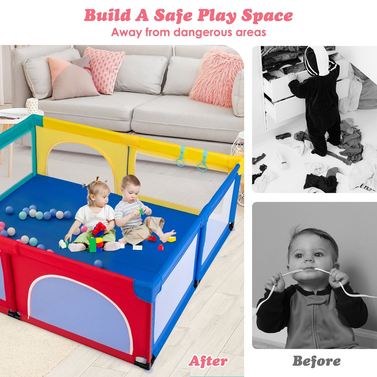 Baby Playpen with 50 Piece Ocean Balls and Non-slip Suction Cups-Colourful