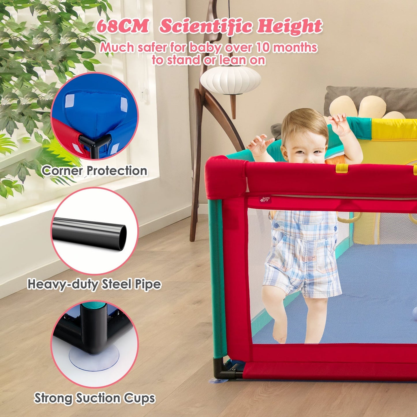 Baby Playpen with 50 Piece Ocean Balls and Non-slip Suction Cups-Colourful