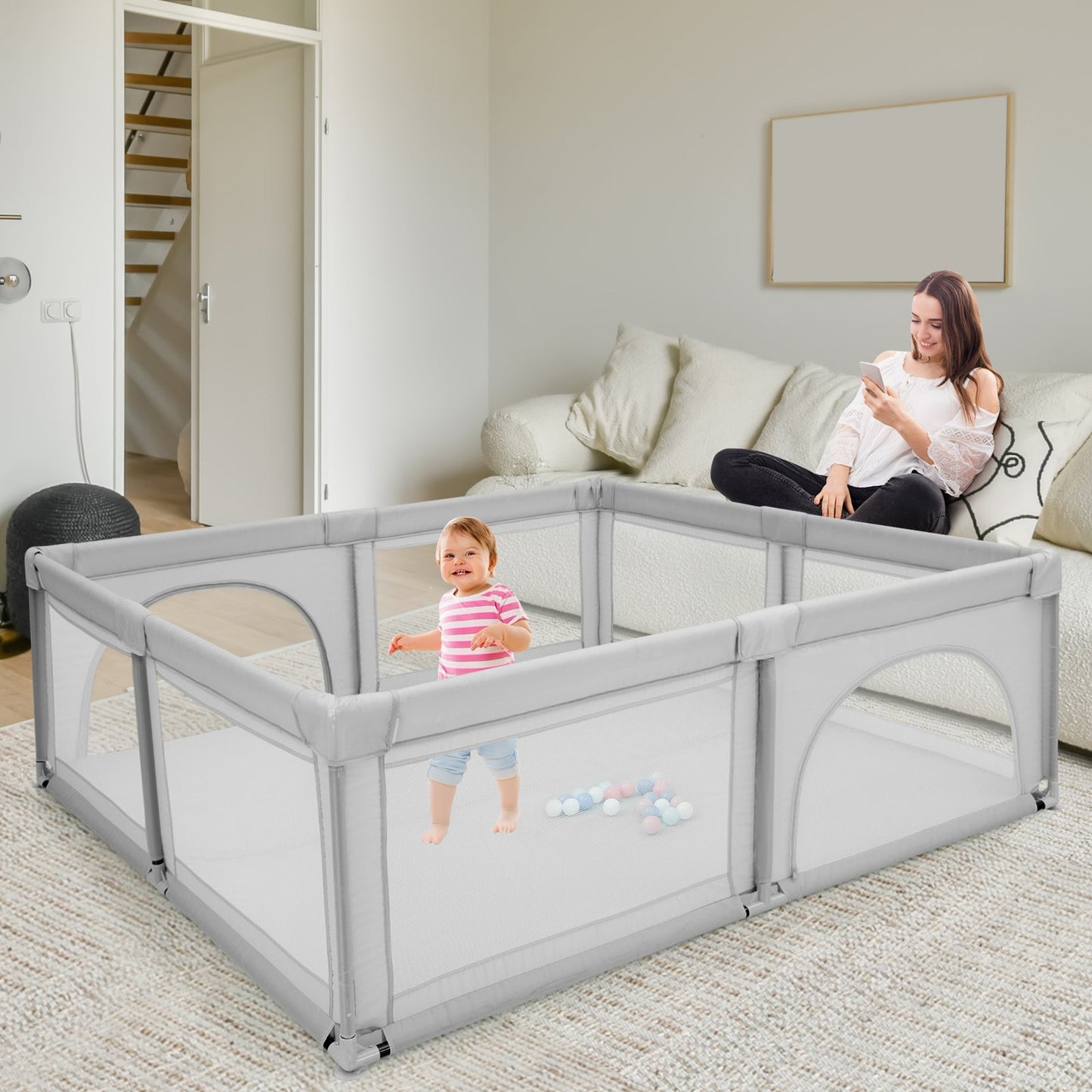 Baby Playpen with 50 Piece Ocean Balls and Non-slip Suction Cups-Light Grey
