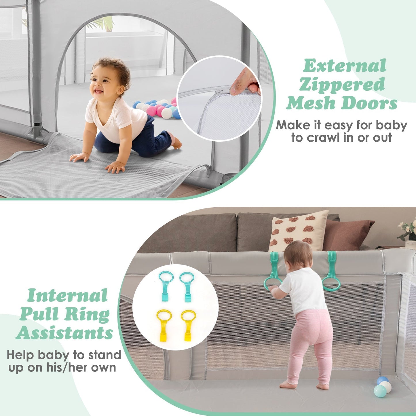 Baby Playpen with 50 Piece Ocean Balls and Non-slip Suction Cups-Light Grey