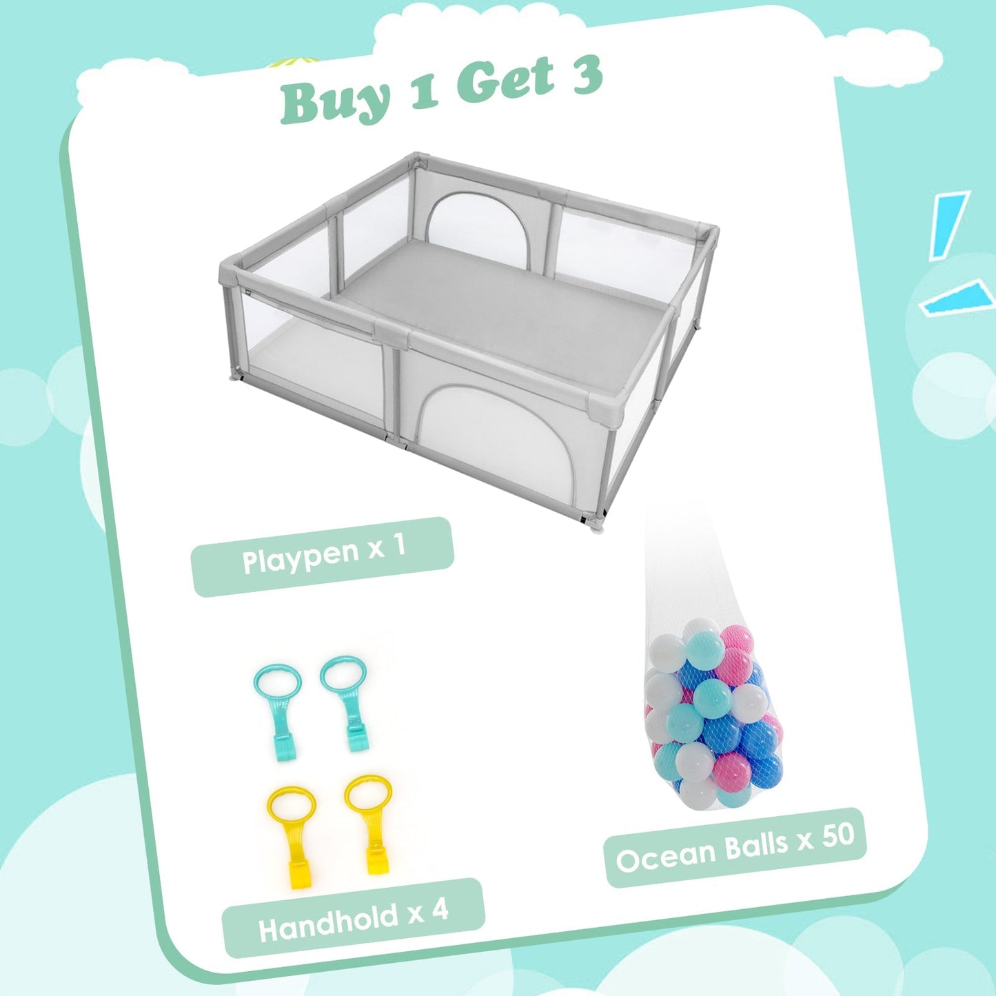 Baby Playpen with 50 Piece Ocean Balls and Non-slip Suction Cups-Light Grey