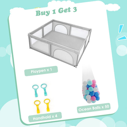 Baby Playpen with 50 Piece Ocean Balls and Non-slip Suction Cups-Light Grey