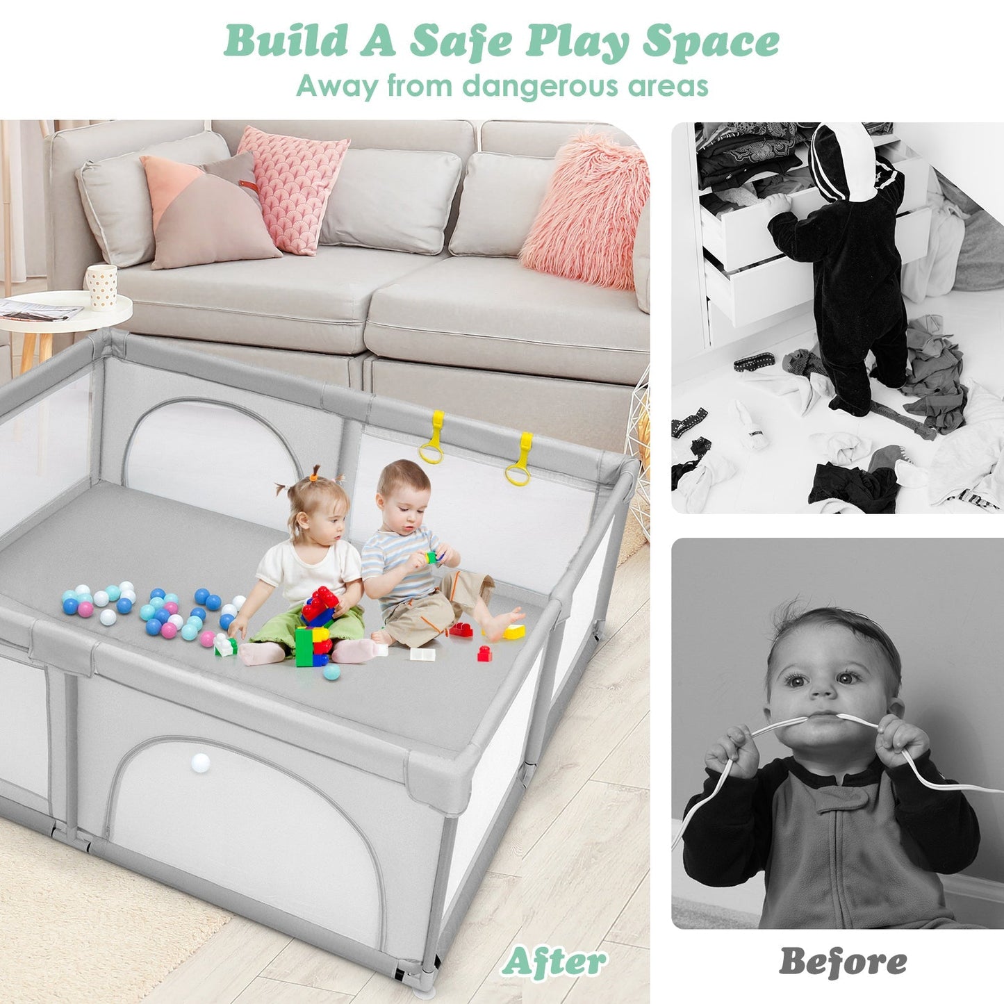 Baby Playpen with 50 Piece Ocean Balls and Non-slip Suction Cups-Light Grey