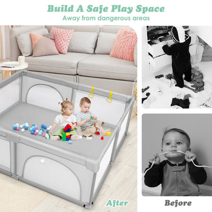 Baby Playpen with 50 Piece Ocean Balls and Non-slip Suction Cups-Light Grey