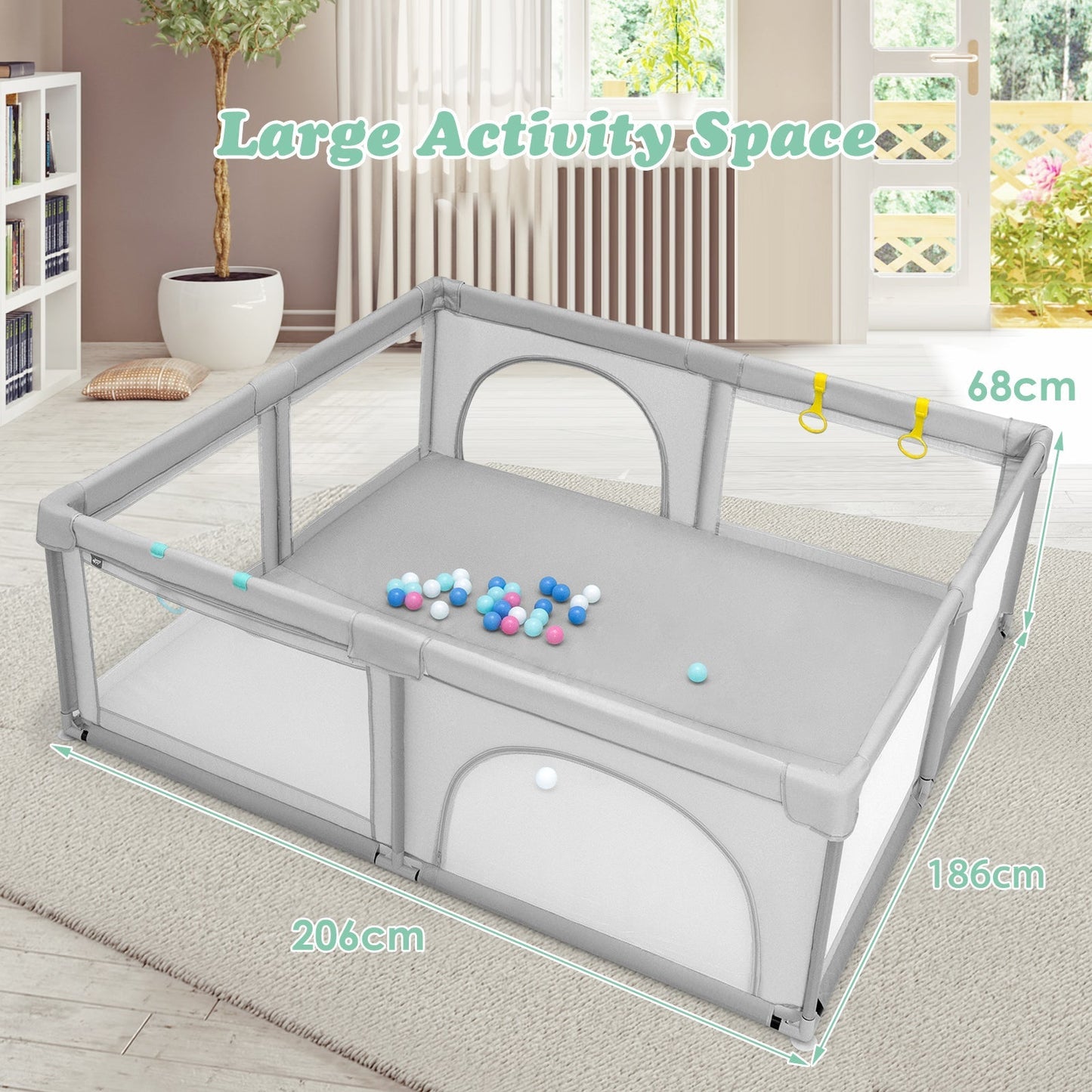 Baby Playpen with 50 Piece Ocean Balls and Non-slip Suction Cups-Light Grey