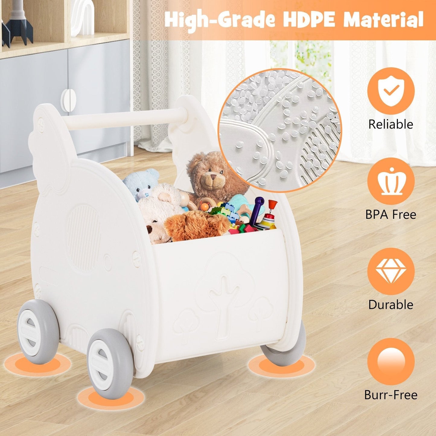 Baby Walker Push Toy 4-Wheel Toddler Toy Cart Elephant Shape-White