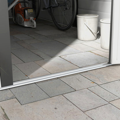 Outsunny 9x 6FT Metalowy zewnętrzny domek ogrodowy, ocynkowany domek narzędziowy ze skośnym dachem, zamykane drzwi na patio i trawnik, ciemnoszary