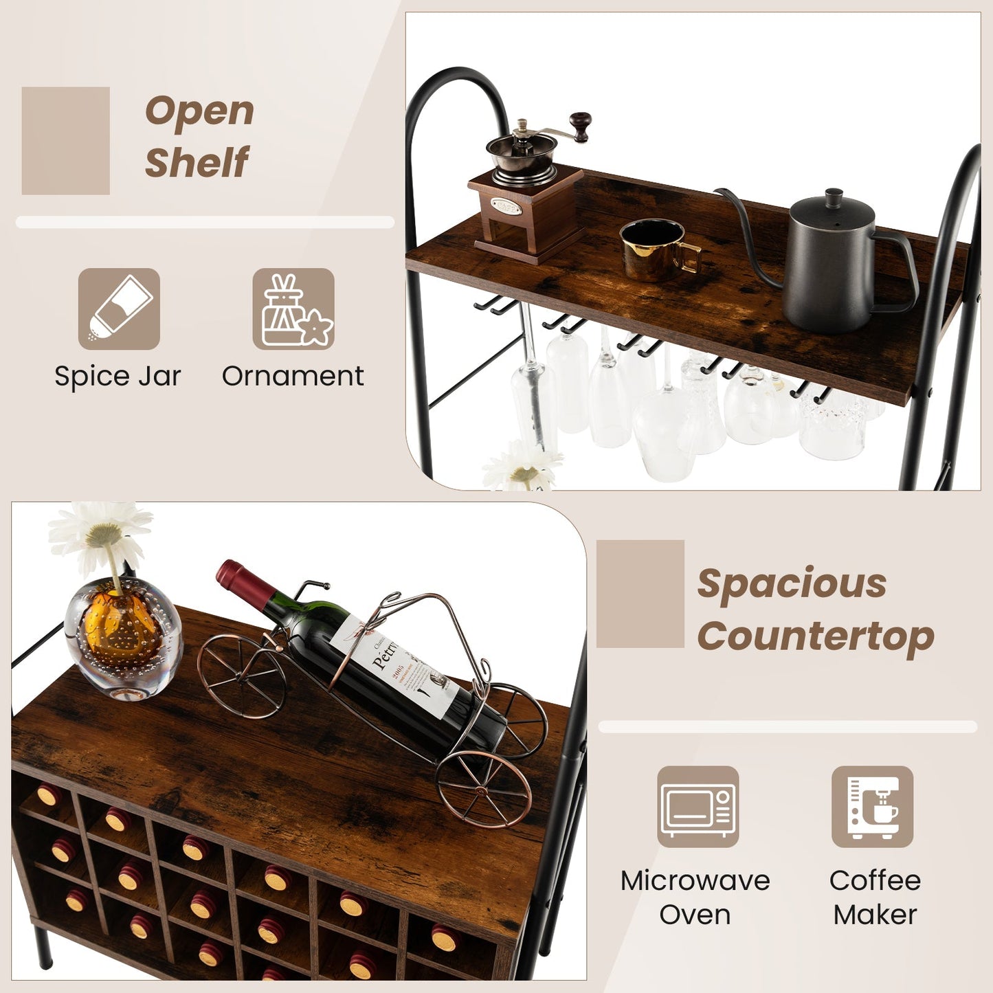 Baker’s Rack with Detachable Wine Rack and 5 Rows of Stemware Holder-Rustic Brown