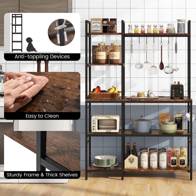 Bakers Rack with Power Outlets and 10 S-Shaped Hooks-Coffee