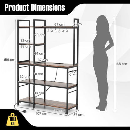 Bakers Rack with Power Outlets and 10 S-Shaped Hooks-Coffee