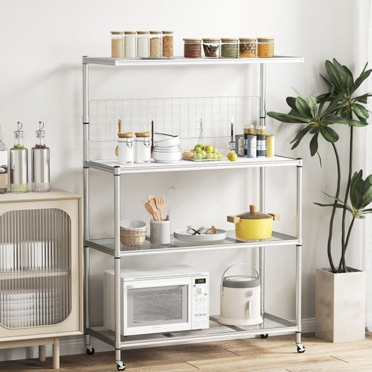 4-Tier Bakers Rack on Wheels with Adjustable Shelves-Silver