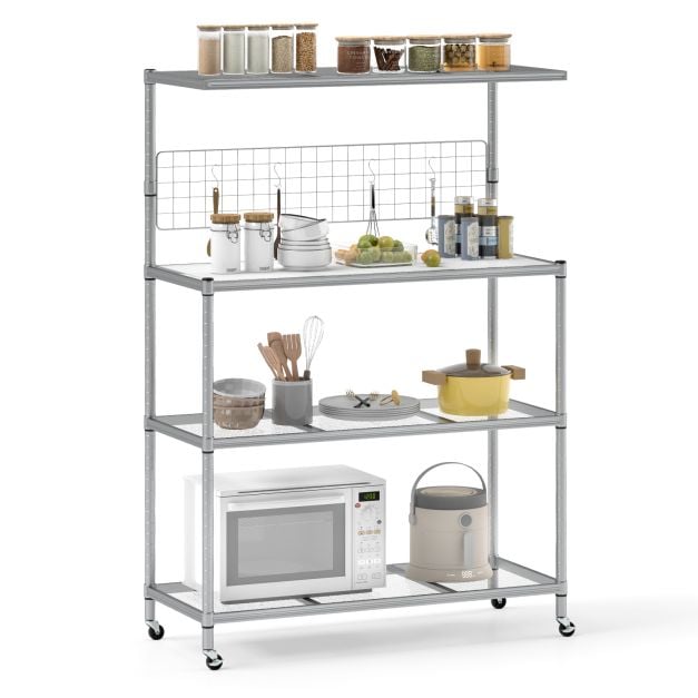 4-Tier Bakers Rack on Wheels with Adjustable Shelves-Silver