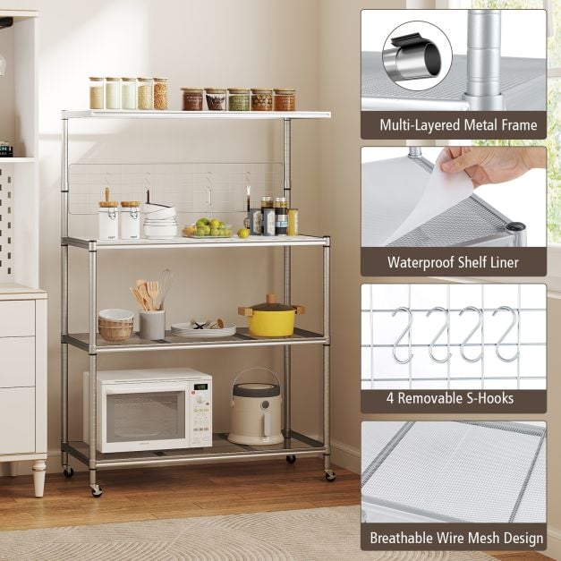 4-Tier Bakers Rack on Wheels with Adjustable Shelves-Silver