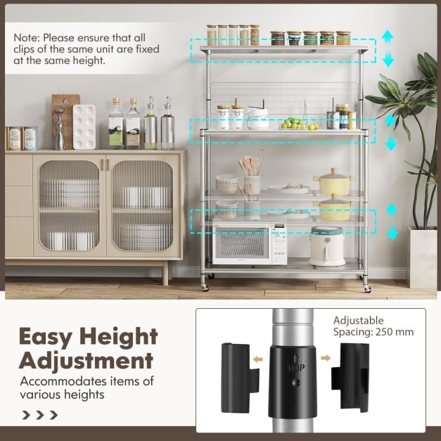 4-Tier Bakers Rack on Wheels with Adjustable Shelves-Silver