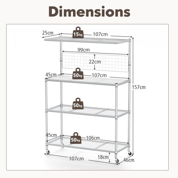 4-Tier Bakers Rack on Wheels with Adjustable Shelves-Silver