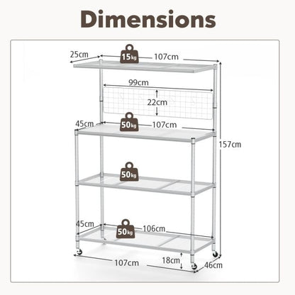 4-Tier Bakers Rack on Wheels with Adjustable Shelves-Silver