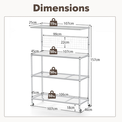 Bakers Rack on Wheels with Adjustable Shelves and Shelf Liner-Silver