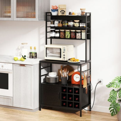 Bakers Rack with Power Outlet and Heavy-Duty Metal Frame-Black
