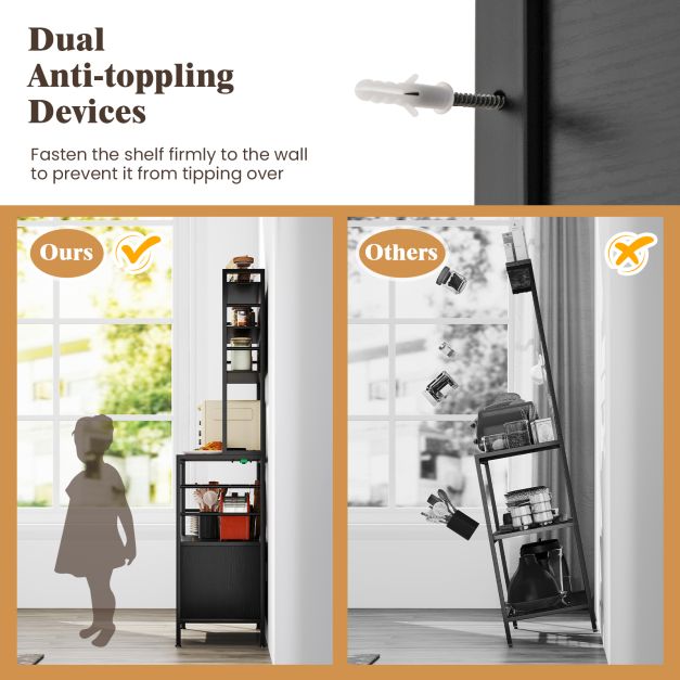 Bakers Rack with Power Outlet and Heavy-Duty Metal Frame-Black