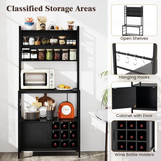 Bakers Rack with Power Outlet and Heavy-Duty Metal Frame-Black