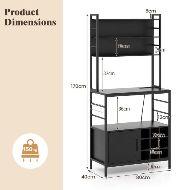 Bakers Rack with Power Outlet and Heavy-Duty Metal Frame-Black