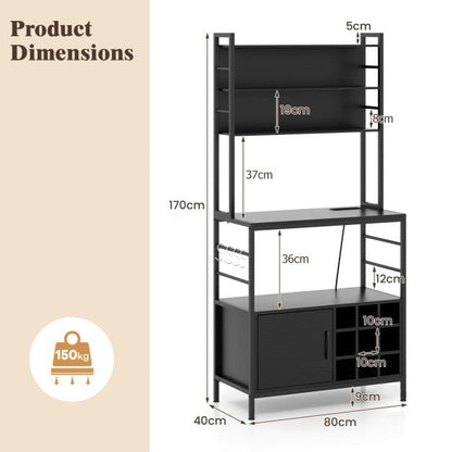 Bakers Rack with Power Outlet and Heavy-Duty Metal Frame-Black