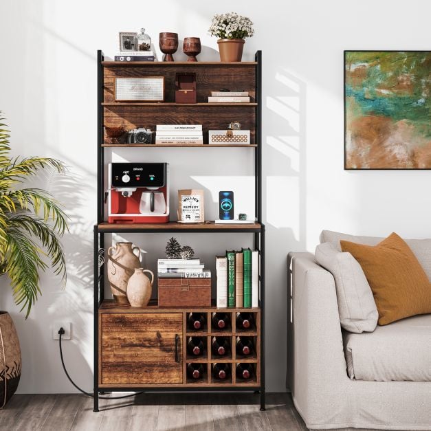 Bakers Rack with Power Outlet and Heavy-Duty Metal Frame-Reddish Brown